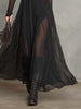 Women's Long Dress, Sheer Long Sleeves, Round Neck and Flowing Panel Overlay
