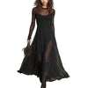 Women's Long Dress, Sheer Long Sleeves, Round Neck and Flowing Panel Overlay