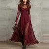 Women's Long Dress, Sheer Long Sleeves, Round Neck and Flowing Panel Overlay