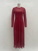 Women's Long Dress, Sheer Long Sleeves, Round Neck and Flowing Panel Overlay