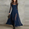 Women's Long Dress, Sheer Long Sleeves, Round Neck and Flowing Panel Overlay