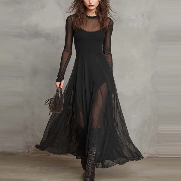 Women's Long Dress, Sheer Long Sleeves, Round Neck and Flowing Panel Overlay