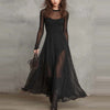 Women's Long Dress, Sheer Long Sleeves, Round Neck and Flowing Panel Overlay