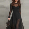 Women's Long Dress, Sheer Long Sleeves, Round Neck and Flowing Panel Overlay