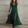 Women's Long Dress, Sheer Long Sleeves, Round Neck and Flowing Panel Overlay