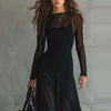 Women's Long Dress, Sheer Long Sleeves, Round Neck and Flowing Panel Overlay