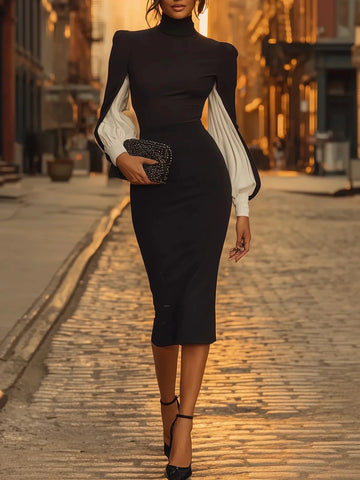 Women's Bodycon Dress, High Neck, Contrast Long Sleeves and Split Hem