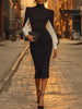 Women's Bodycon Dress, High Neck, Contrast Long Sleeves and Split Hem