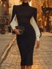 Women's Bodycon Dress, High Neck, Contrast Long Sleeves and Split Hem