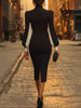 Women's Bodycon Dress, High Neck, Contrast Long Sleeves and Split Hem
