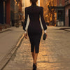 Women's Bodycon Dress, High Neck, Contrast Long Sleeves and Split Hem