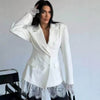 Women's Waist Slim Fit Polyester Solid Color Suit Collar Two Button Office Style Blazer for Winter in White