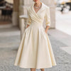Women's Fit-and-Flare Dress, Lapel Neckline, Three-Quarter Sleeves and Defined Waist