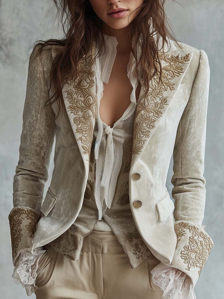 Women's Irregular Fit Lapel Two Button Polyester Print Blazer Long Sleeves with Pockets for Autumn Western Style in White