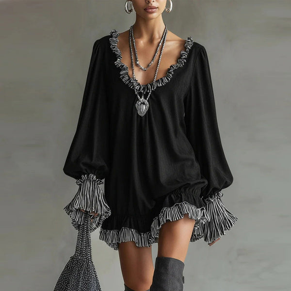 Women's Mini Dress, Ruffle-Trim Neckline and Hem with Long Sleeves