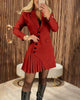 Women's Loose Fit Solid Color Knitted Single Breasted Suit Collar Dress with Pleated Skirt for Spring in Red