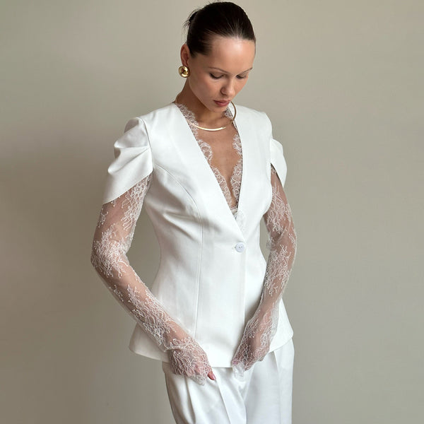Women's Slim Fit Lace Solid Color V Neck One Button Western Style Jacket for Winter in White