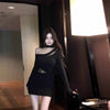 Women's Black Bodycon Mini Dress, Asymmetric Neckline, Cutout Detail and Long Sleeves
