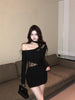 Women's Black Bodycon Mini Dress, Asymmetric Neckline, Cutout Detail and Long Sleeves