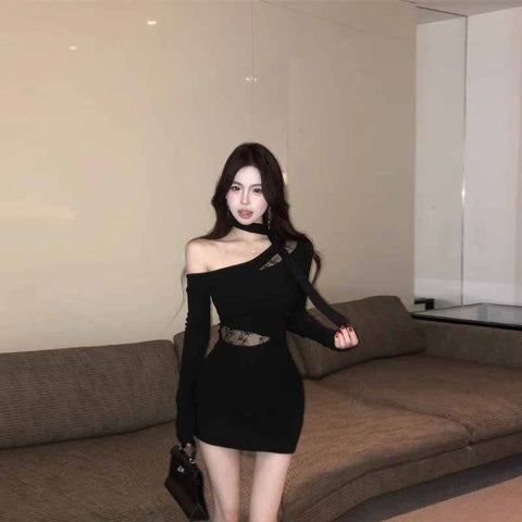 Women's Black Bodycon Mini Dress, Asymmetric Neckline, Cutout Detail and Long Sleeves
