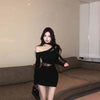 Women's Black Bodycon Mini Dress, Asymmetric Neckline, Cutout Detail and Long Sleeves