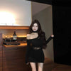 Women's Black Bodycon Mini Dress, Asymmetric Neckline, Cutout Detail and Long Sleeves