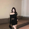 Women's Black Bodycon Mini Dress, Asymmetric Neckline, Cutout Detail and Long Sleeves