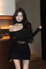 Women's Black Bodycon Mini Dress, Asymmetric Neckline, Cutout Detail and Long Sleeves