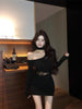 Women's Black Bodycon Mini Dress, Asymmetric Neckline, Cutout Detail and Long Sleeves