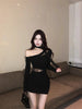 Women's Black Bodycon Mini Dress, Asymmetric Neckline, Cutout Detail and Long Sleeves
