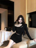 Women's Black Bodycon Mini Dress, Asymmetric Neckline, Cutout Detail and Long Sleeves