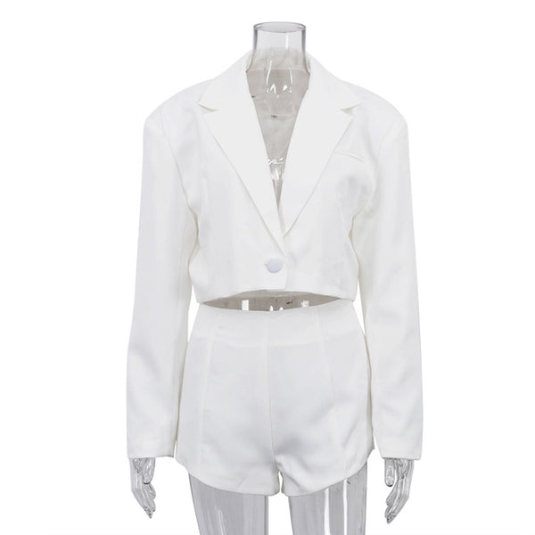 Women's Basic Lapel Collar Long Sleeve Polyester-Spandex Blazer Top and High Waist Shorts Two Piece Suit Set for Spring Office in White