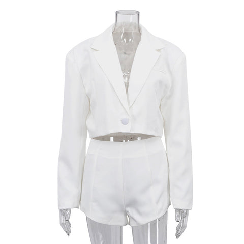 Women's Basic Lapel Collar Long Sleeve Polyester-Spandex Blazer Top and High Waist Shorts Two Piece Suit Set for Spring Office in White