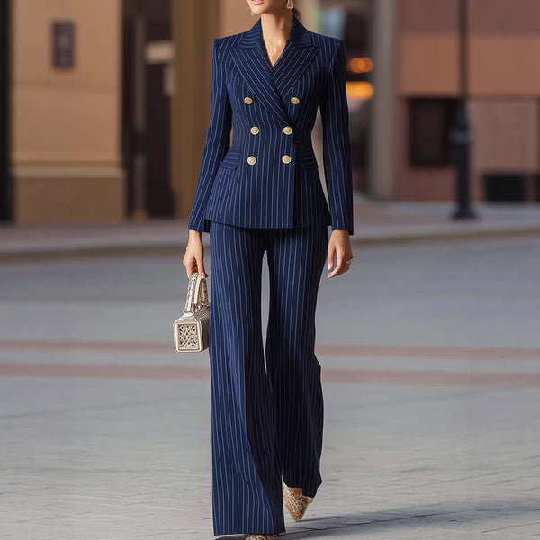 Women's Stripe Polyester Suit Set Slim Fit Long Sleeve Waist Design Office Style for Autumn in White Apricot Brown