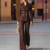 Women's Stripe Polyester Suit Set Slim Fit Long Sleeve Waist Design Office Style for Autumn in White Apricot Brown