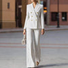 Women's Stripe Polyester Suit Set Slim Fit Long Sleeve Waist Design Office Style for Autumn in White Apricot Brown