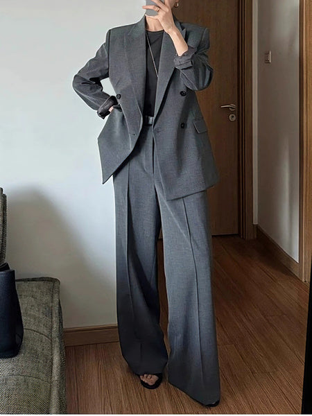 Women's Loose Fit Spring Blended Solid Color Suit Collar Double Breasted Pants for Office Style