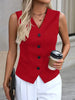 Women's Regular Fit Single Breasted V Neck Sleeveless Polyester Solid Color Cardigan Vest for Spring in Red