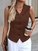 Women's Regular Fit Single Breasted V Neck Sleeveless Polyester Solid Color Cardigan Vest for Spring in Red