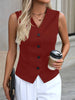 Women's Regular Fit Single Breasted V Neck Sleeveless Polyester Solid Color Cardigan Vest for Spring in Red