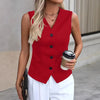 Women's Regular Fit Single Breasted V Neck Sleeveless Polyester Solid Color Cardigan Vest for Spring in Red