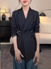 Women's Slim Fit Double Breasted Polyester Notched Lapel Long Sleeve Solid Color Minimalist Jacket for Spring in Black