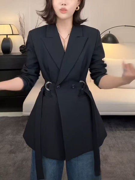 Women's Slim Fit Double Breasted Polyester Notched Lapel Long Sleeve Solid Color Minimalist Jacket for Spring in Black