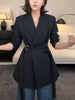 Women's Slim Fit Double Breasted Polyester Notched Lapel Long Sleeve Solid Color Minimalist Jacket for Spring in Black