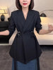 Women's Slim Fit Double Breasted Polyester Notched Lapel Long Sleeve Solid Color Minimalist Jacket for Spring in Black