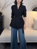 Women's Slim Fit Double Breasted Polyester Notched Lapel Long Sleeve Solid Color Minimalist Jacket for Spring in Black