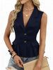 Women's Slim Fit V Neck Chenille Abstract Vest with Bow Buttons for Summer Casual in White