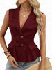 Women's Slim Fit V Neck Chenille Abstract Vest with Bow Buttons for Summer Casual in White