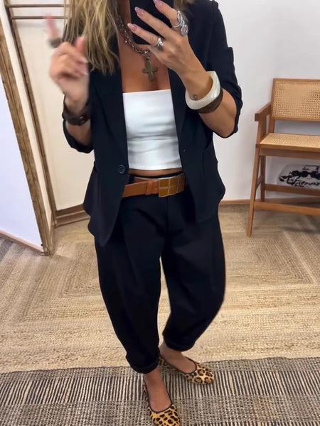 Women's Korean Style Solid Color Casual Office Suit Set for Spring Work Office Wear