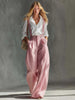 Women's Strap Style Polyester Spandex Solid Color Casual Wide Leg Pants with High Waist for Spring Summer in Pink